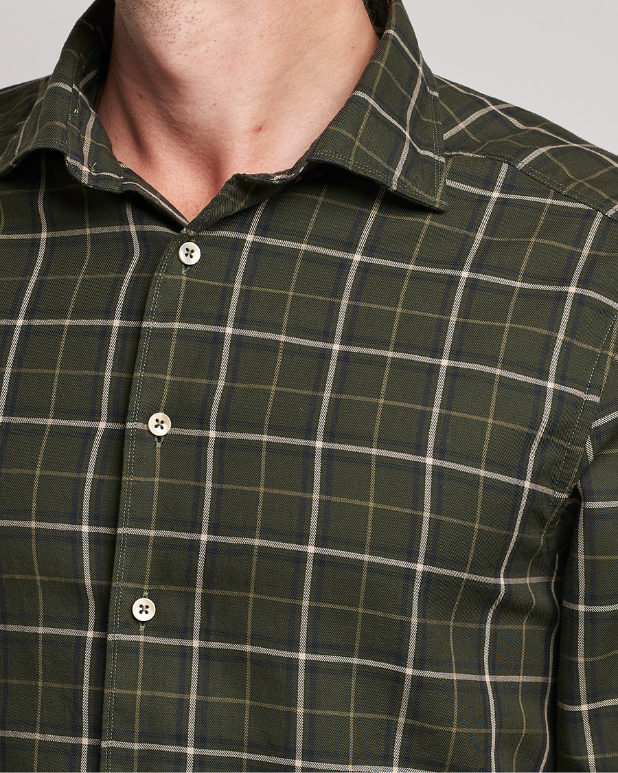 Herren | Hemden | Stenströms | Slimline Cut Away Washed Checked Shirt Dark Green