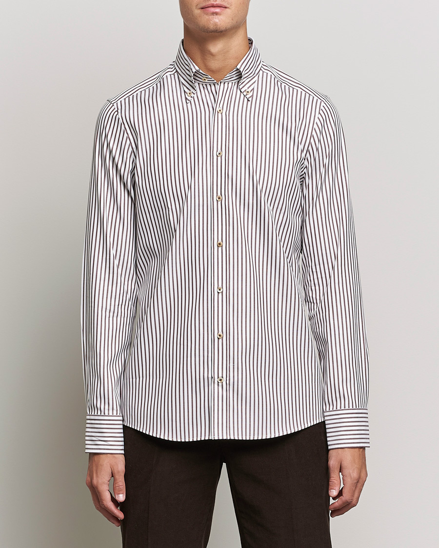 Herren | Hemden | Stenströms | Slimline Striped Pinpoint Oxford Shirt Brown