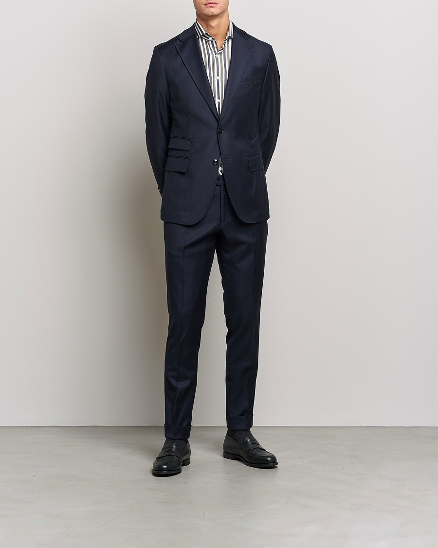 Herren | Hemden | Stenströms | Slimline Cut Away Wide Striped Shirt Blue/Green