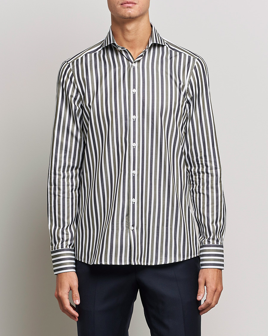Herren | Hemden | Stenströms | Slimline Cut Away Wide Striped Shirt Blue/Green