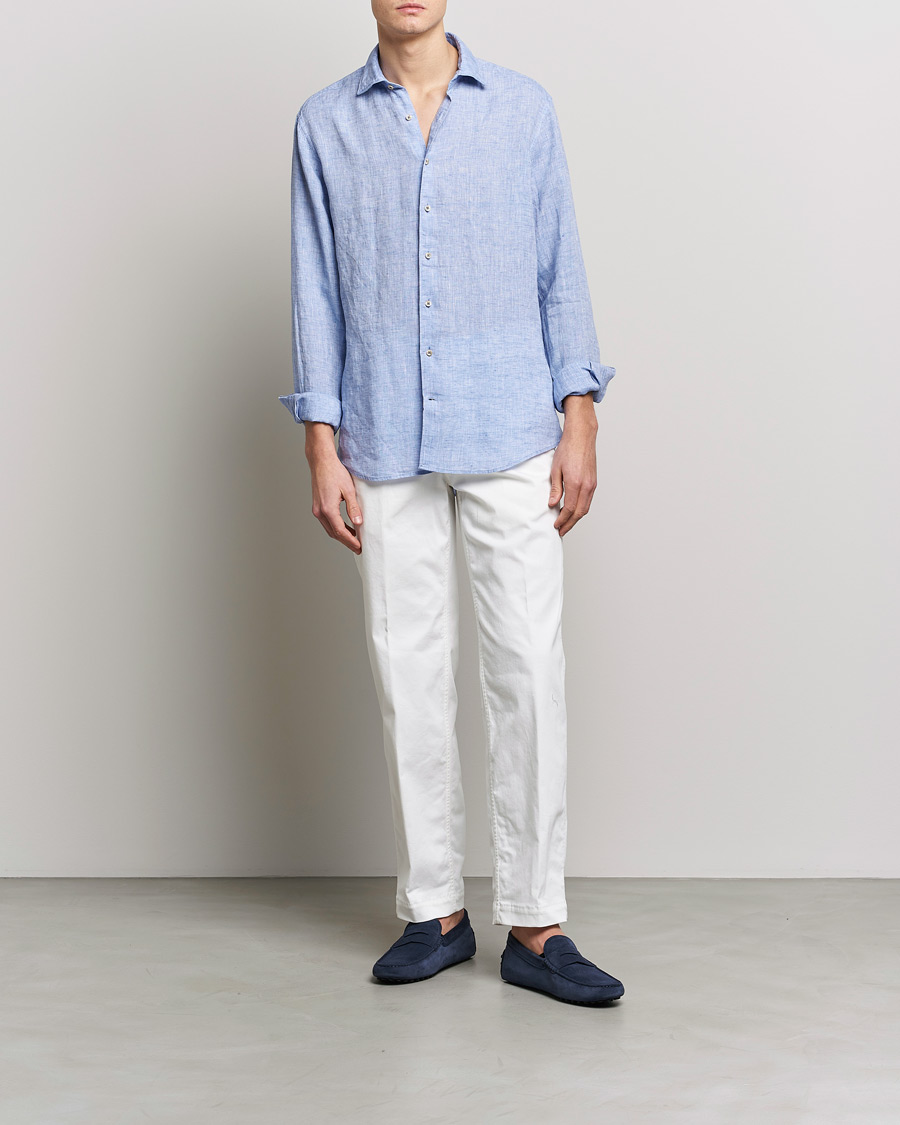 Herren | Hemden | Stenströms | Fitted Body Cut Away Linen Shirt Blue