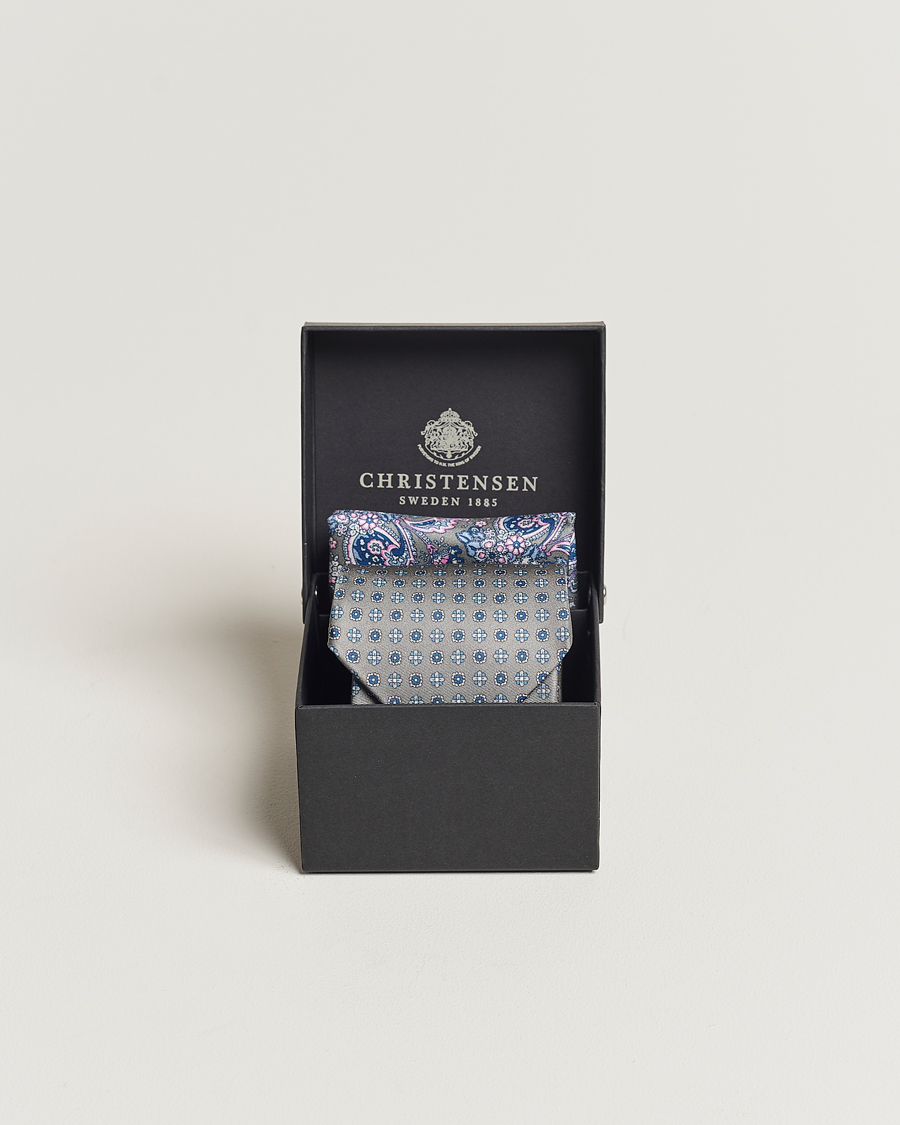 Herren | Amanda Christensen Box Set Silk Twill 8cm Tie With Pocket Square Grey | Amanda Christensen | Box Set Silk Twill 8cm Tie With Pocket Square Grey