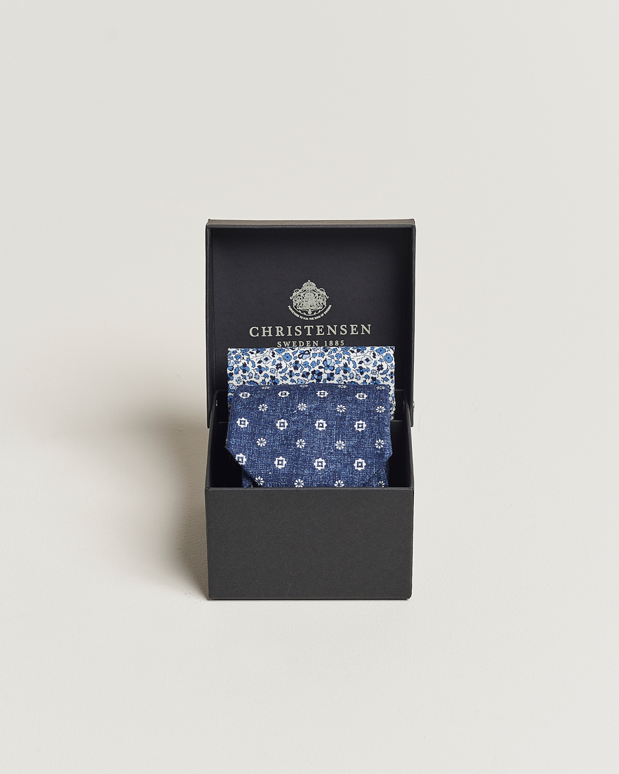 Herren | Amanda Christensen Box Set Printed Linen 8cm Tie With Pocket Square Navy | Amanda Christensen | Box Set Printed Linen 8cm Tie With Pocket Square Navy