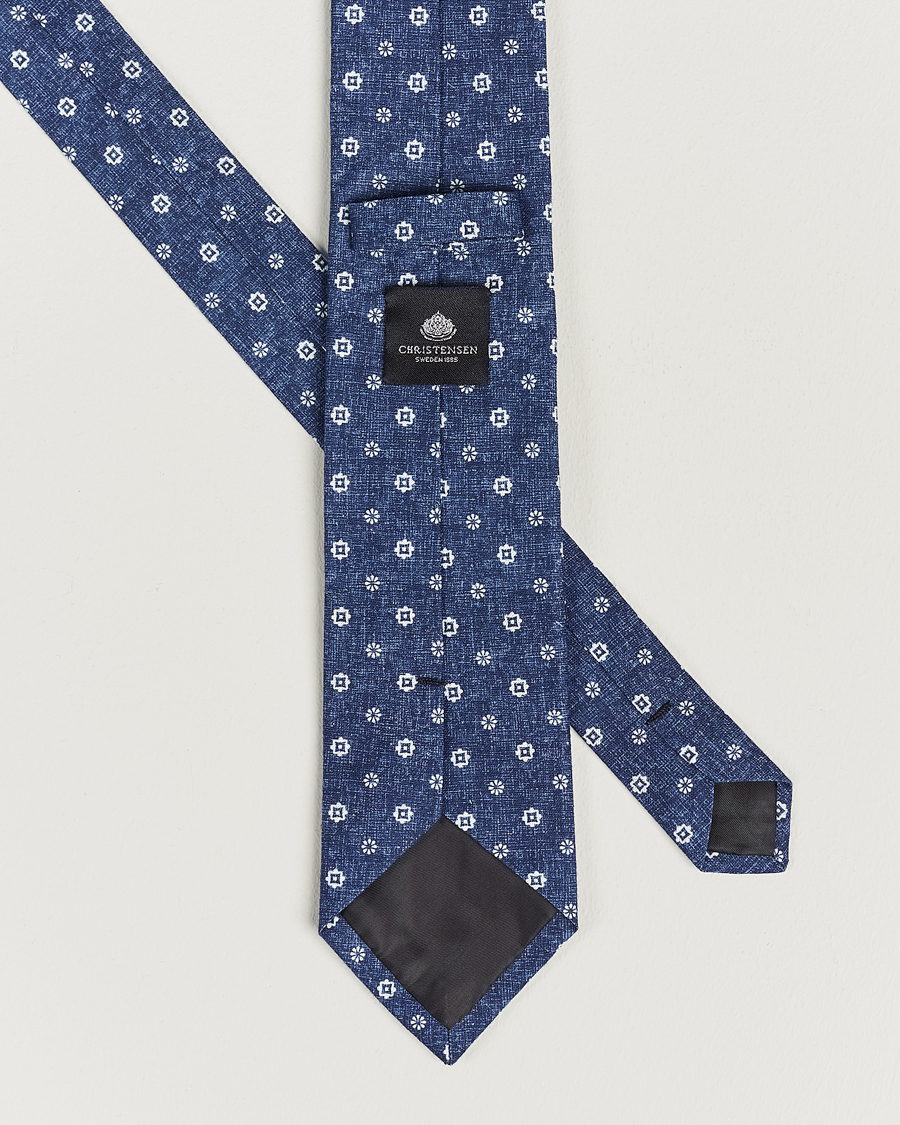Herren | Amanda Christensen Box Set Printed Linen 8cm Tie With Pocket Square Navy | Amanda Christensen | Box Set Printed Linen 8cm Tie With Pocket Square Navy
