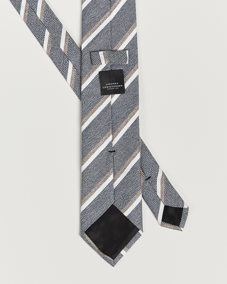 Herren | Amanda Christensen Silk/Linen Striped 8cm Tie Navy | Amanda Christensen | Silk/Linen Striped 8cm Tie Navy