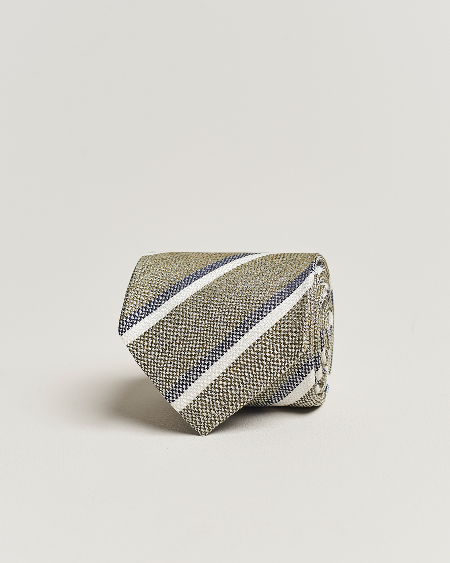 Herren | Amanda Christensen Silk/Linen Striped 8cm Tie Olive | Amanda Christensen | Silk/Linen Striped 8cm Tie Olive