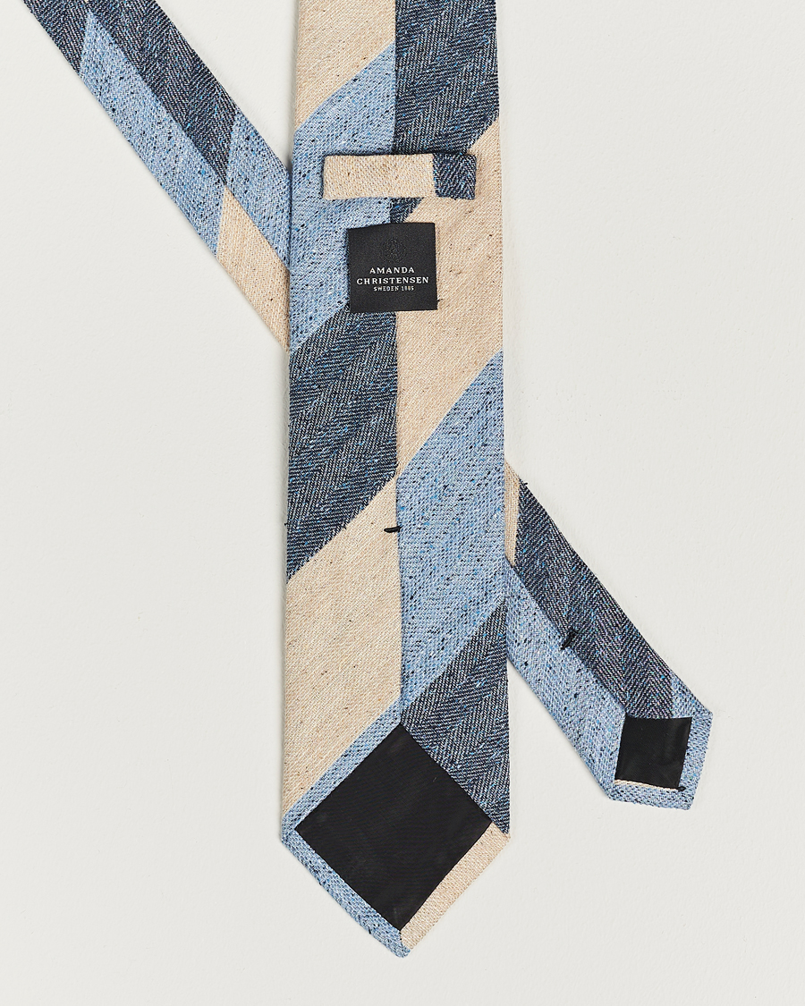 Herren | Amanda Christensen Silk/Linen/Cotton Block Striped 8cm Tie Navy/Blue/Beige | Amanda Christensen | Silk/Linen/Cotton Block Striped 8cm Tie Navy/Blue/Beige