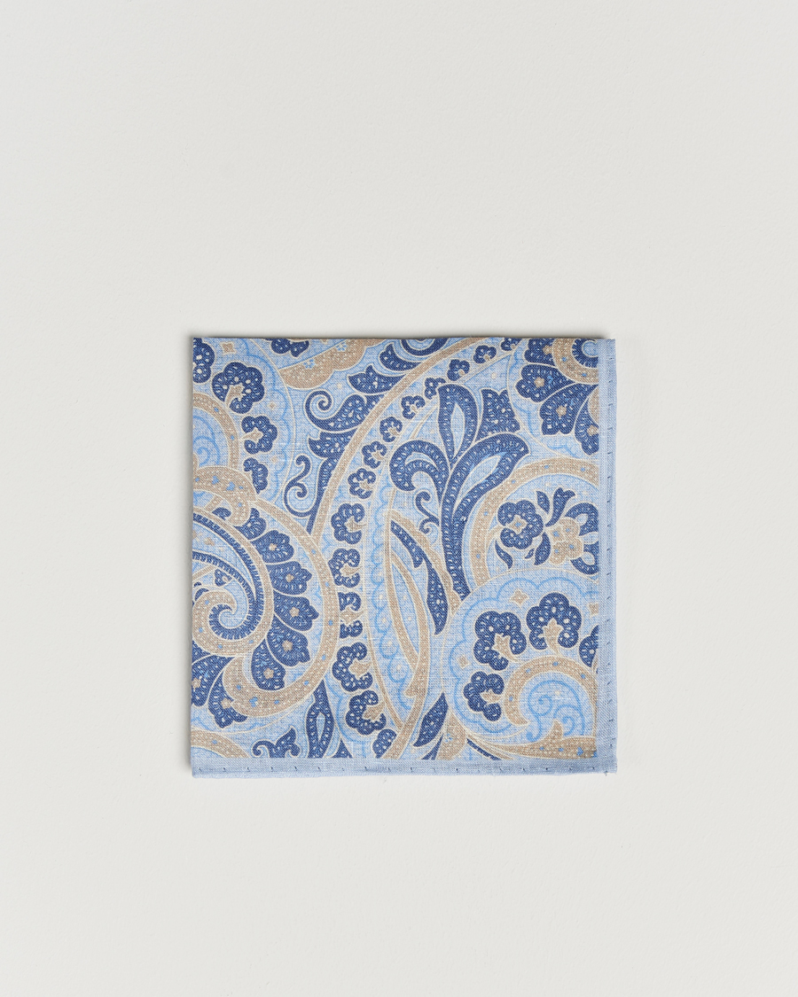 Herren | Amanda Christensen Linen Printed Large Paisley Pocket Square Blue | Amanda Christensen | Linen Printed Large Paisley Pocket Square Blue