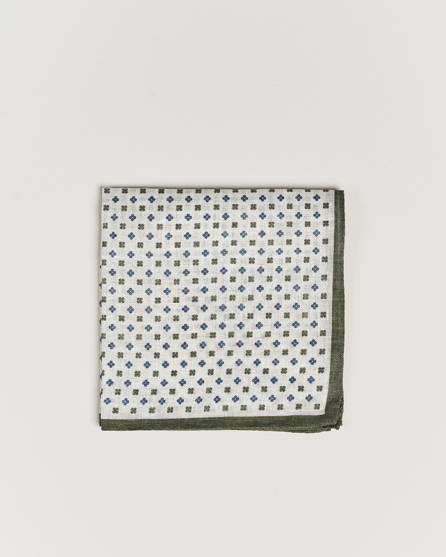Herren | Amanda Christensen Linen Paspoal Printed Flower Pocket Square White/Green | Amanda Christensen | Linen Paspoal Printed Flower Pocket Square White/Green