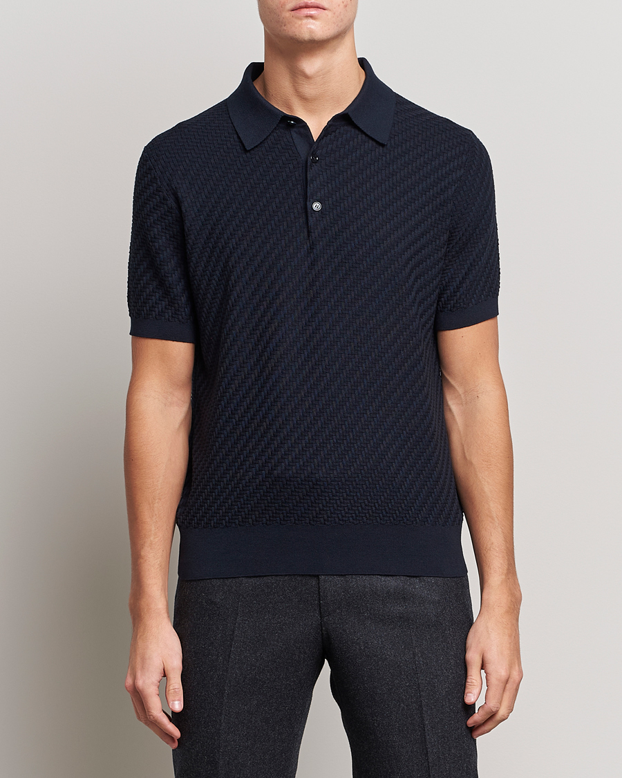 Herren | Pullover | Brioni | Basket Stitch Knitted Polo Navy