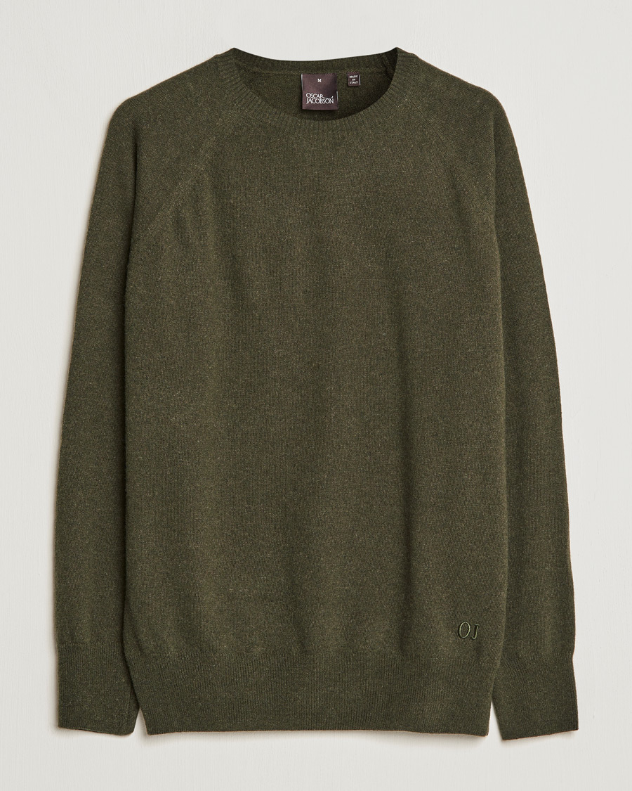 Herren | Pullover | Oscar Jacobson | Gustaf Lambswool Raglan Crew Neck Moss Green