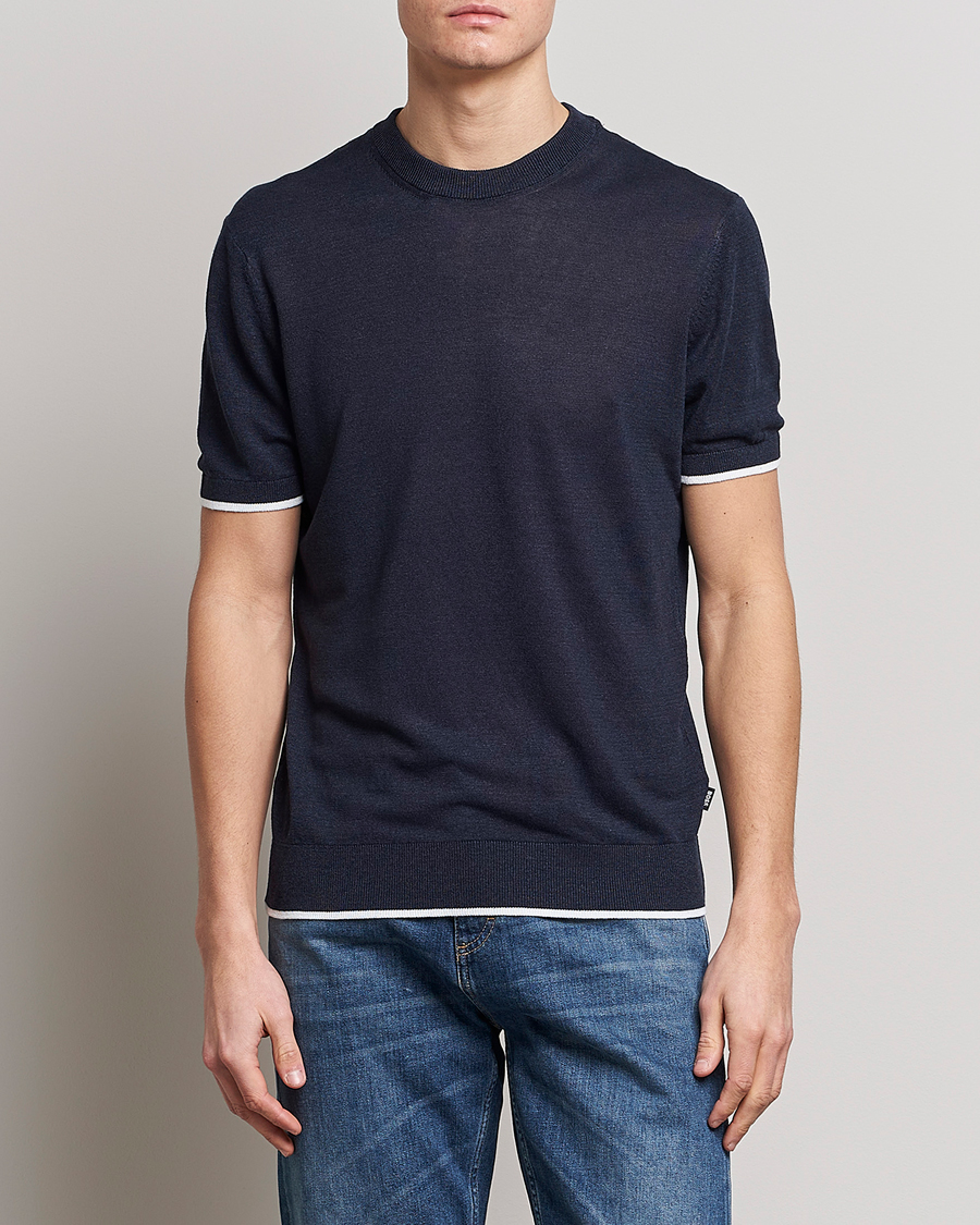 Herren | T-Shirts | BOSS BLACK | Giacco Knitted Crew Neck T-Shirt Dark Blue