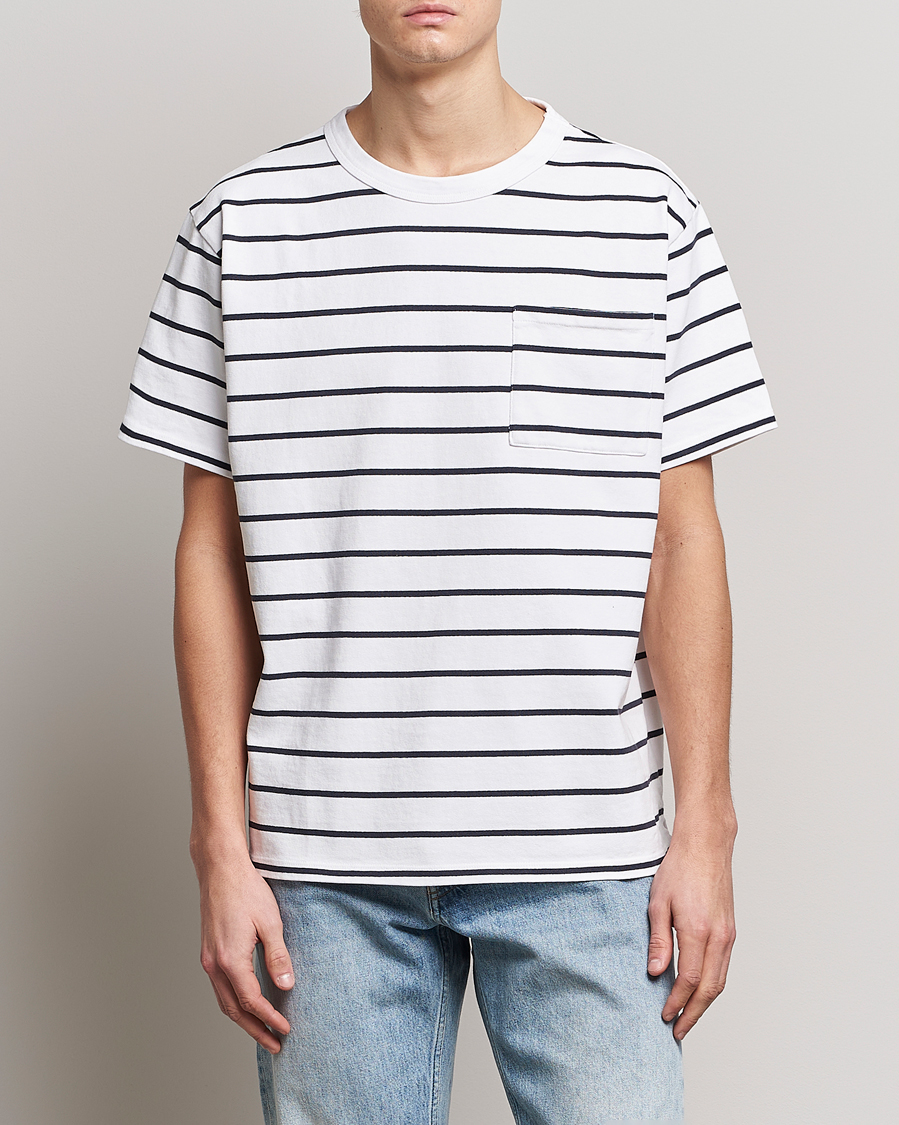 Herren | T-Shirts | Jeanerica | Hervé Striped Heacy Crew Neck T-Shirt White/Navy