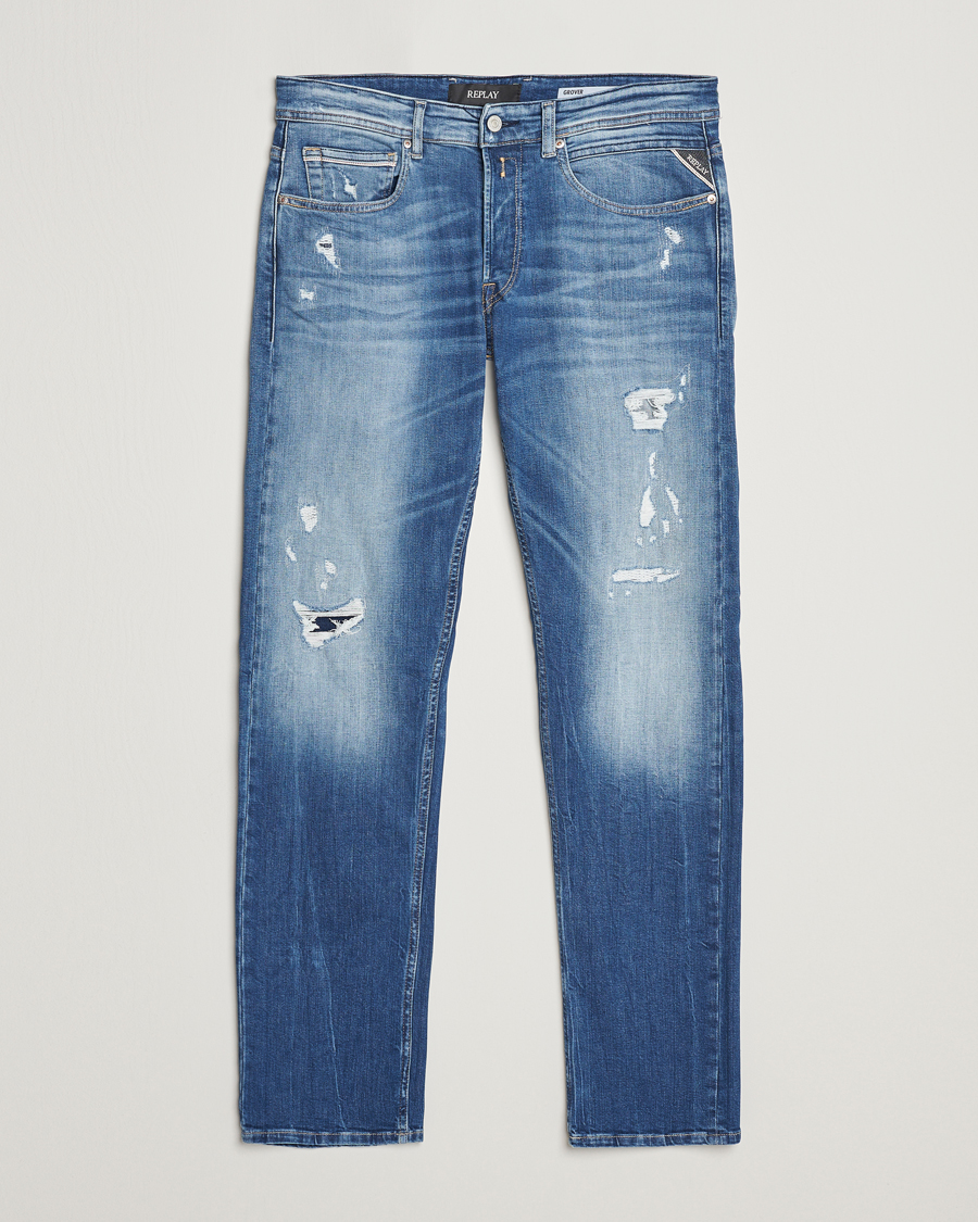 Herren | Jeans | Replay | Grover Straight Fit Stretch Shredded Jeans Blue