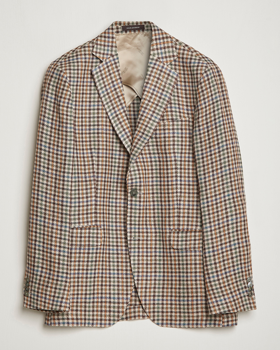 Herren | Sakkos | Oscar Jacobson | Ferry Checked Summer Tweed Linen/Silk Blazer Brown