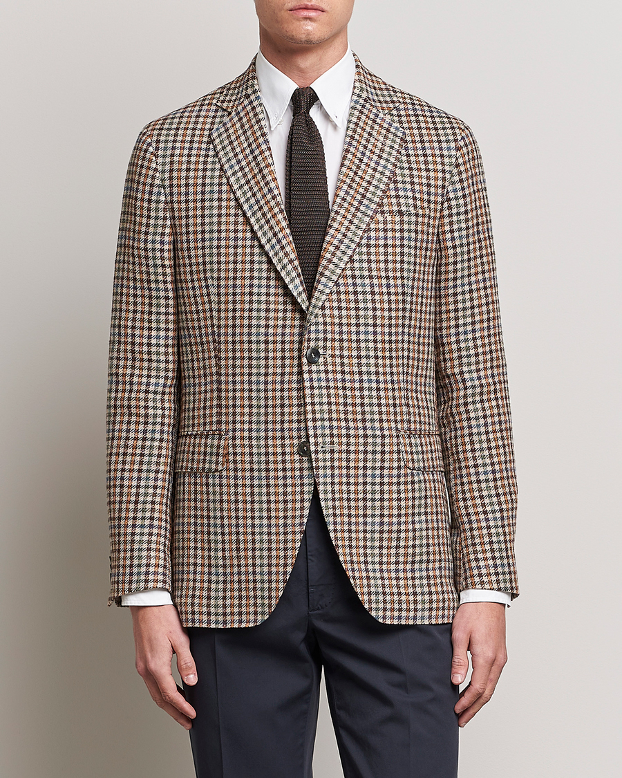 Herren | Sakkos | Oscar Jacobson | Ferry Checked Summer Tweed Linen/Silk Blazer Brown