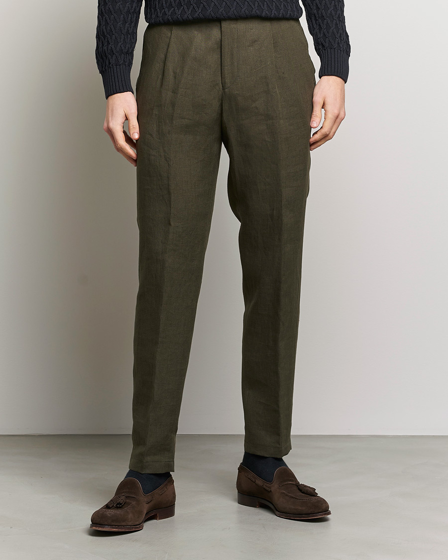 Herren | Hosen | Oscar Jacobson | Delon Linen Trousers Dark Green