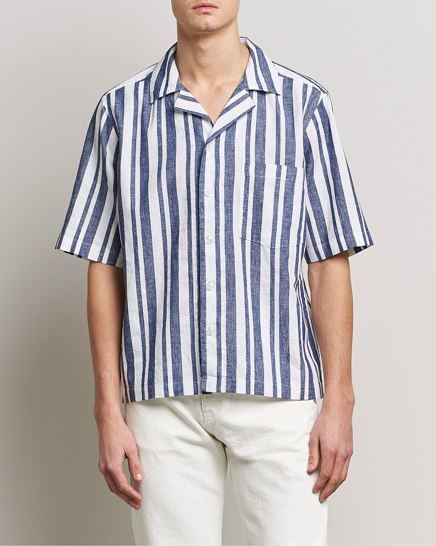 Herren | Hemden | Oscar Jacobson | Cuban Short Sleeve Riviera Stripe Shirt White