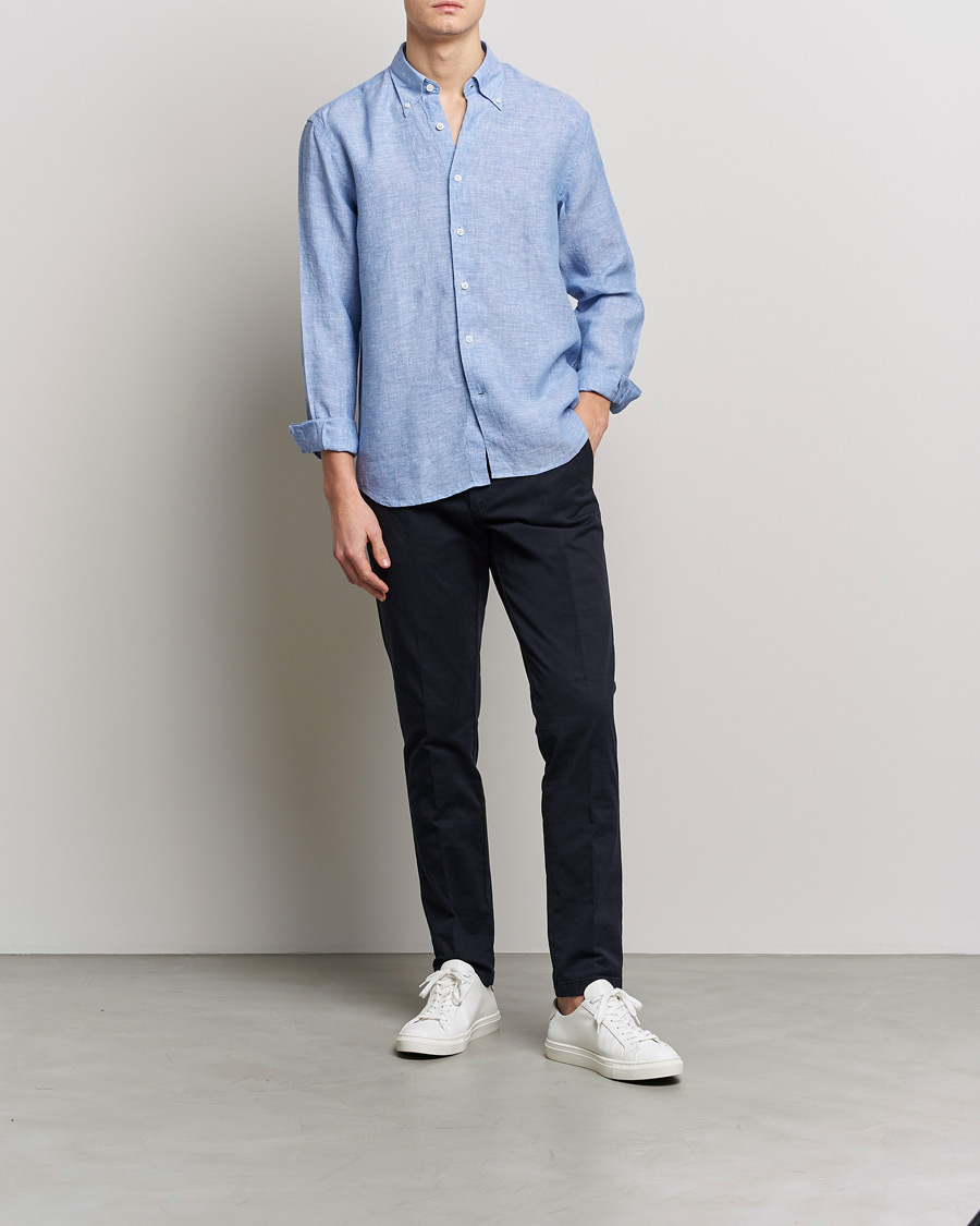 Herren | Hemden | Oscar Jacobson | Regular Fit Button Down Linen Shirt Blue