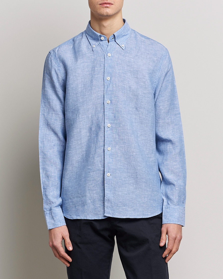 Herren | Leinenhemden | Oscar Jacobson | Regular Fit Button Down Linen Shirt Blue