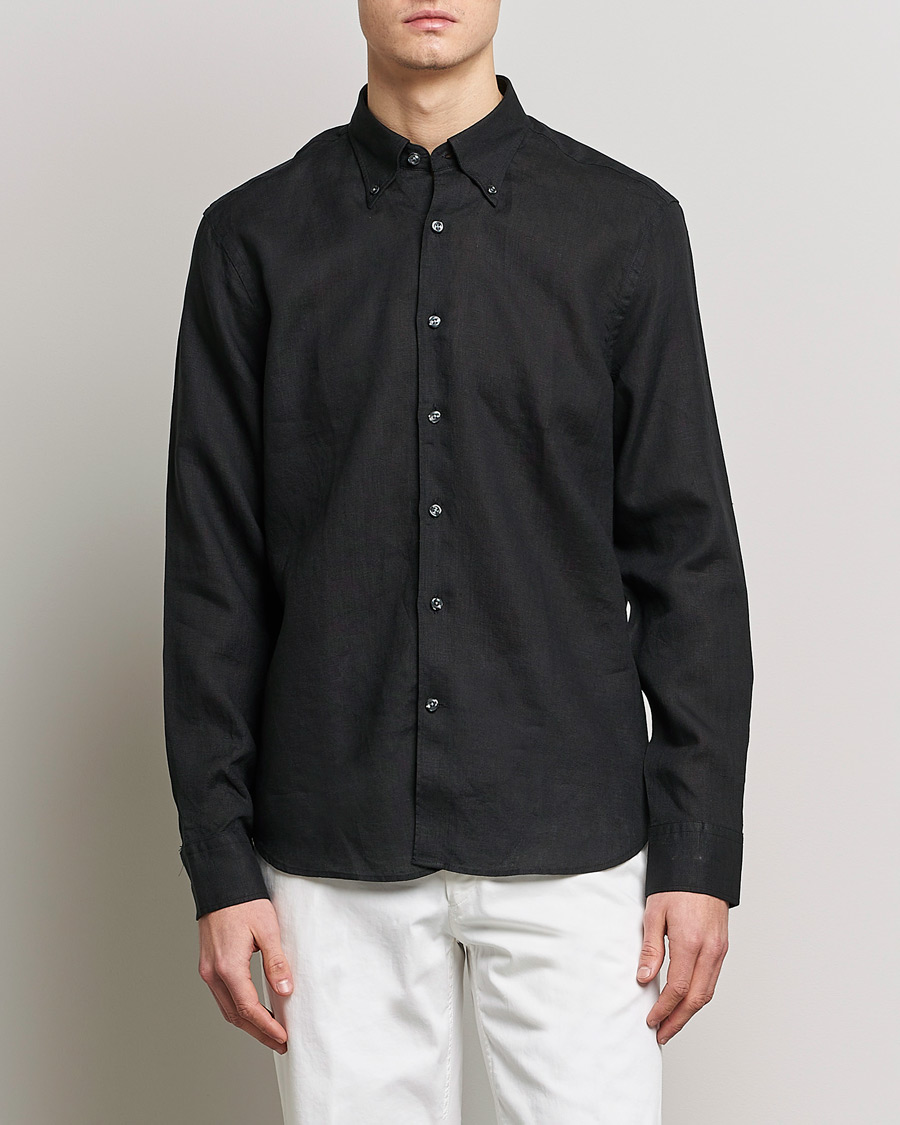 Herren | Leinenhemden | Oscar Jacobson | Regular Fit Button Down Linen Shirt Black