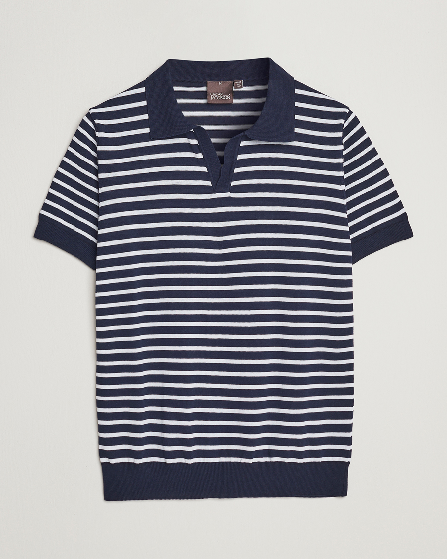 Herren | Poloshirts | Oscar Jacobson | Devon Short Sleeve Striped Cotton Polo White/Blue