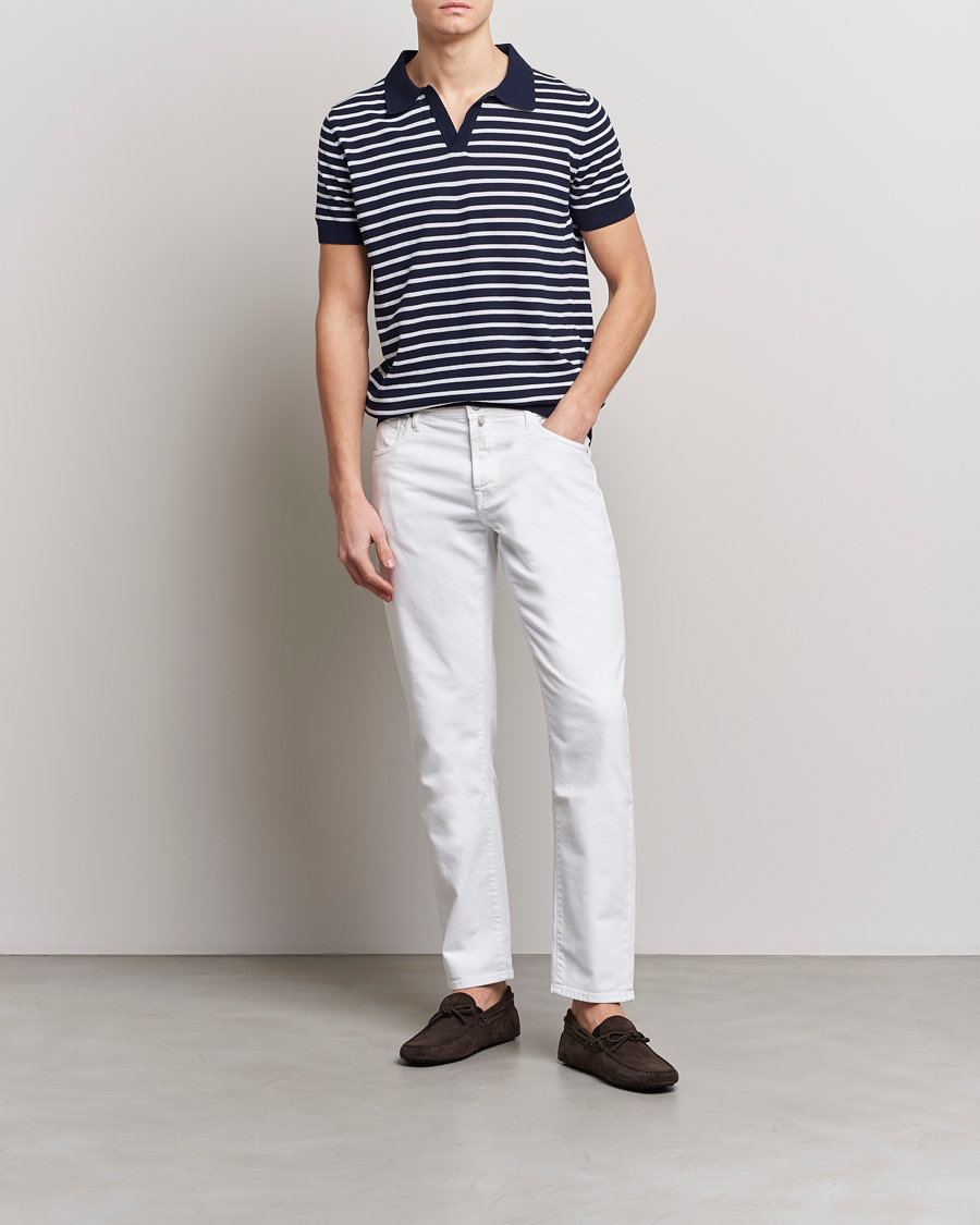Herren | Poloshirts | Oscar Jacobson | Devon Short Sleeve Striped Cotton Polo White/Blue