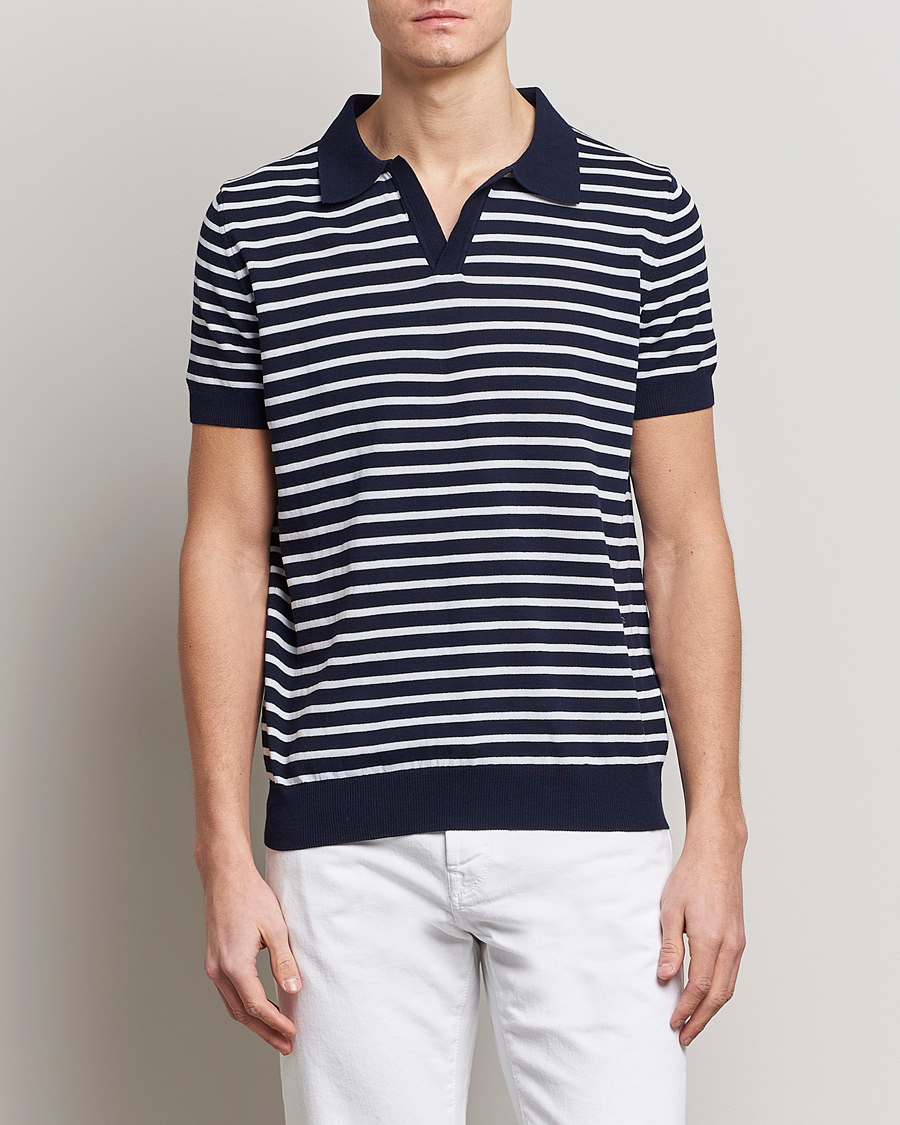 Herren | Poloshirts | Oscar Jacobson | Devon Short Sleeve Striped Cotton Polo White/Blue