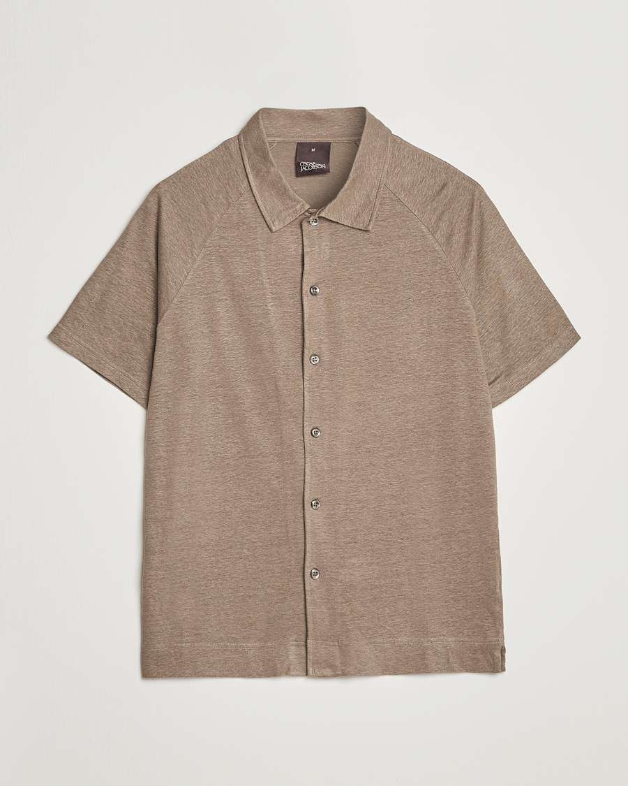 Herren | Hemden | Oscar Jacobson | Albin Short Sleeve Linen Polo Taupe