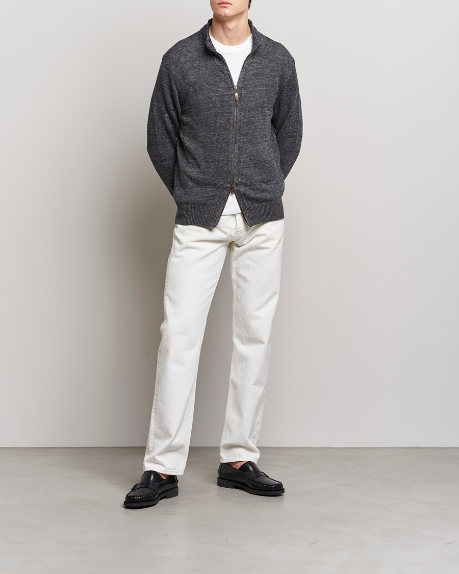 Herren | Pullover | Inis Meáin | Chevron Washed Donegal Linen Zipper Stone
