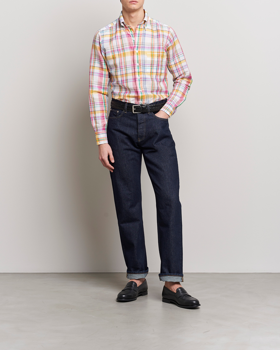 Herren | Hemden | Drake's | Checked Button Down Linen Shirt Multi
