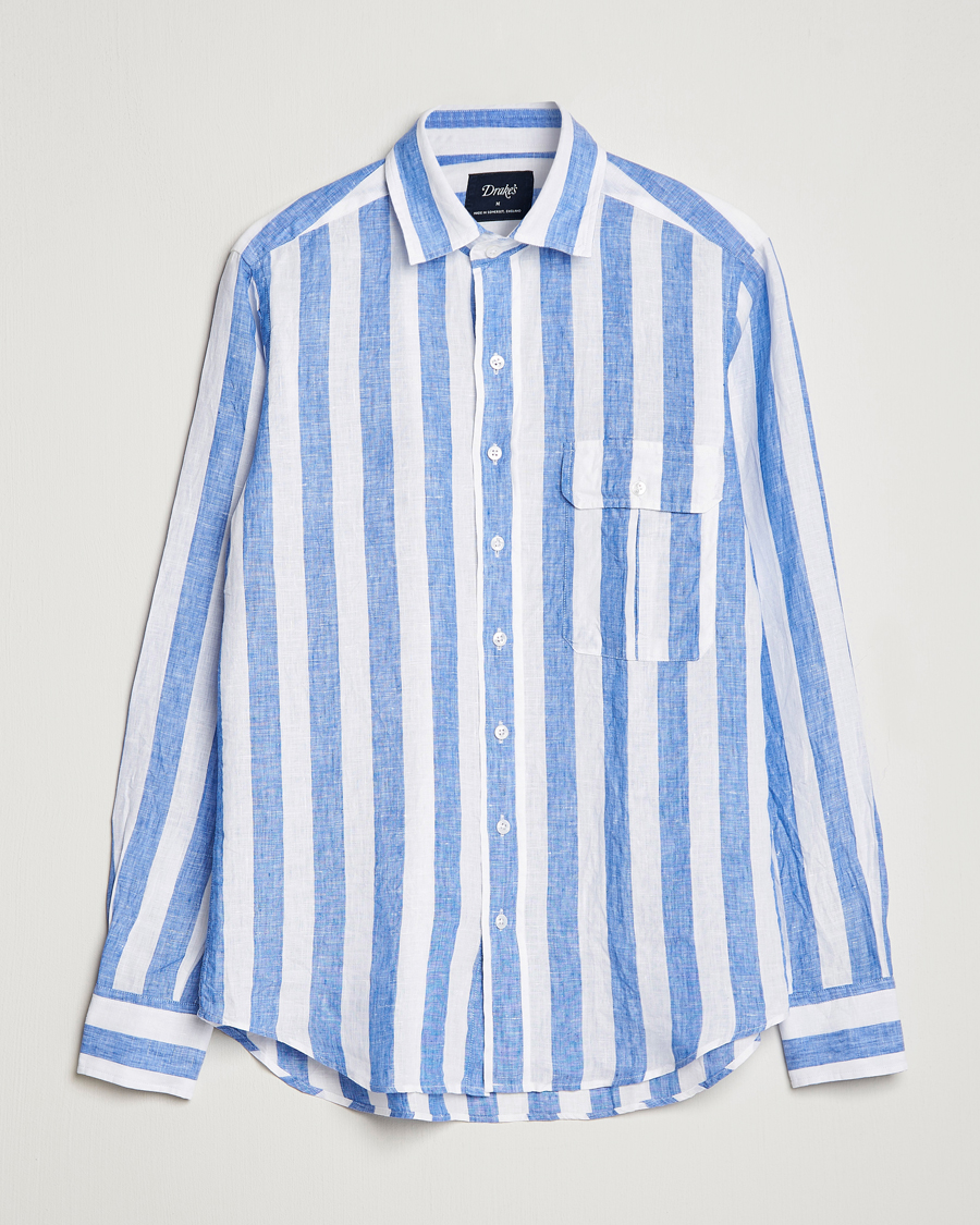 Herren | Hemden | Drake's | Broad Stripe Linen Spread Collar Shirt Blue