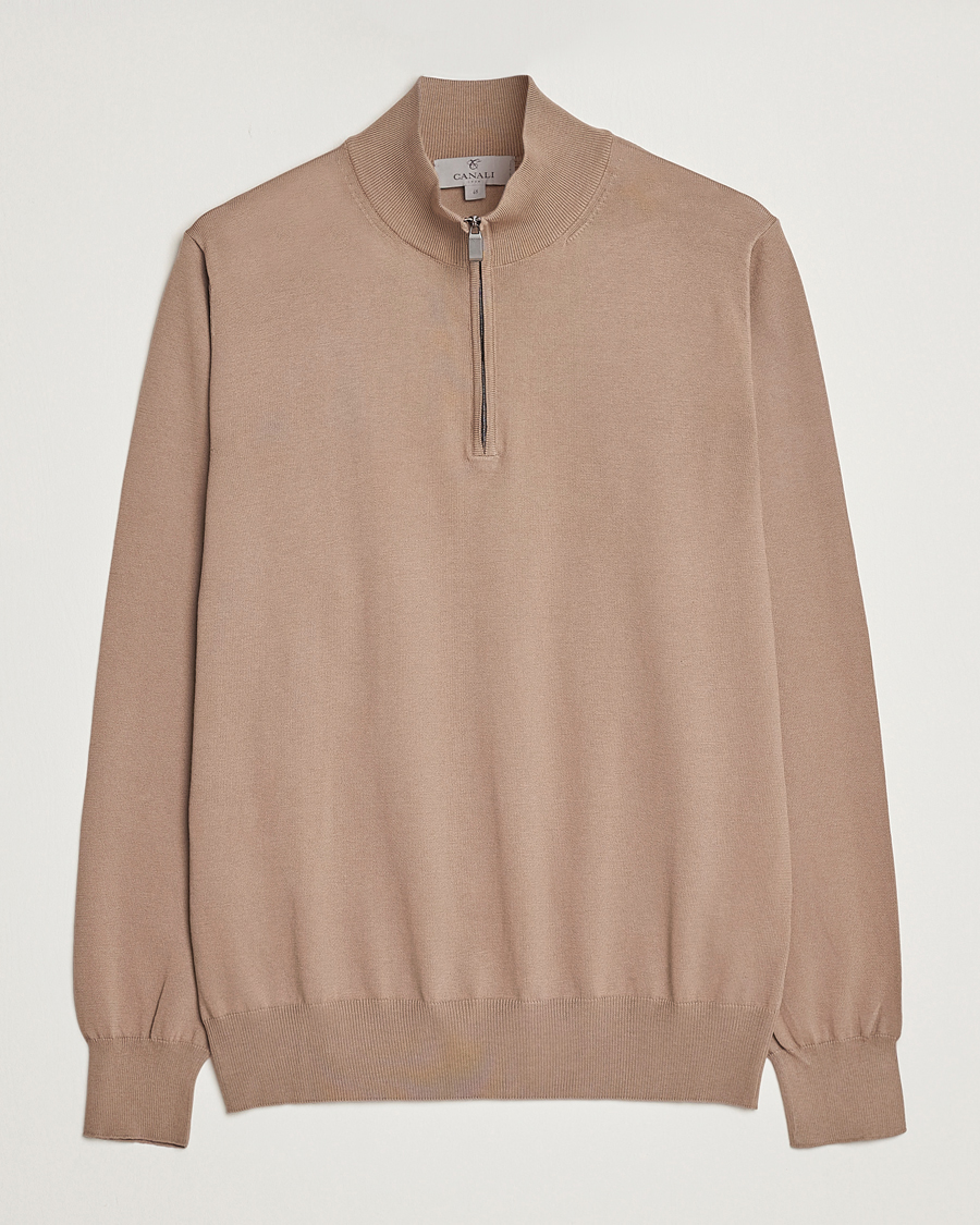Herren | Pullover | Canali | Cotton Half Zip Sweater Brown