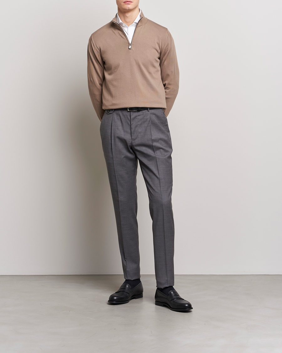 Herren | Pullover | Canali | Cotton Half Zip Sweater Brown