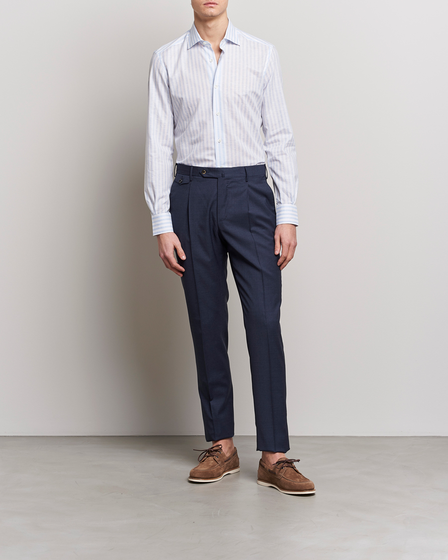 Herren | Hemden | Mazzarelli | Soft Cotton/Linen Shirt Light Blue Stripe