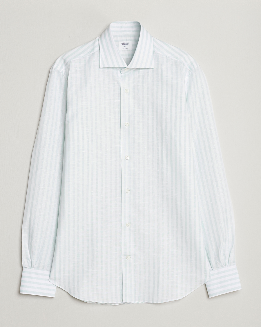 Herren | Hemden | Mazzarelli | Soft Cotton/Linen Shirt Light Green Stripe