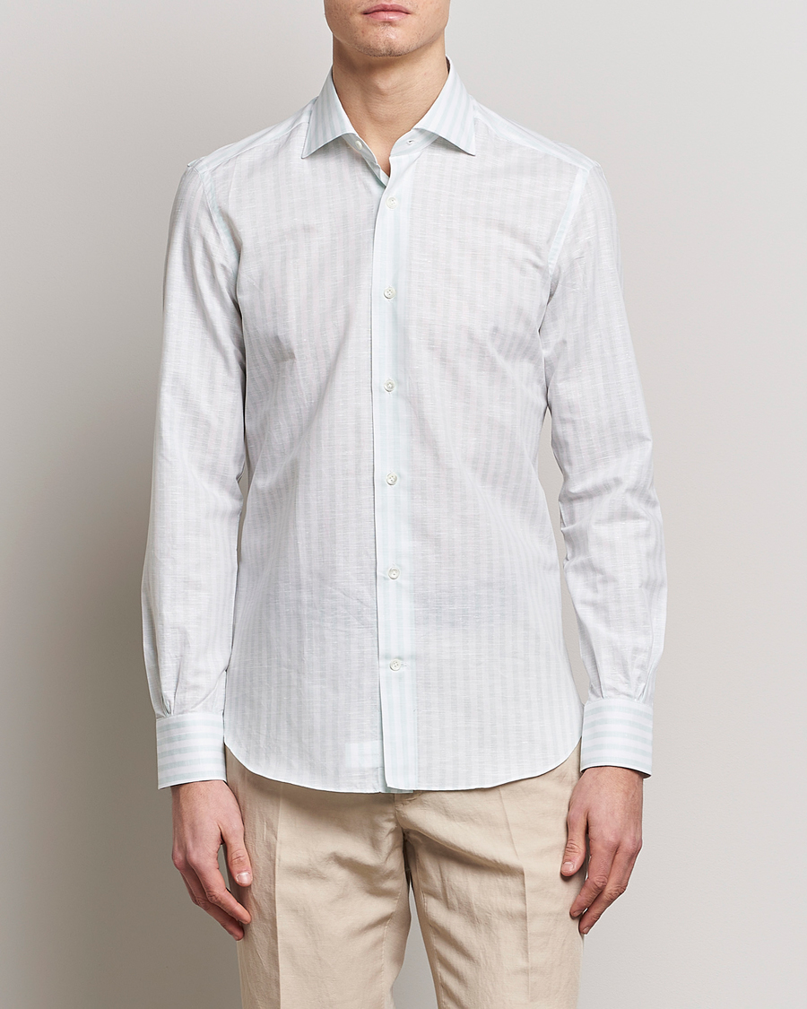 Herren | Hemden | Mazzarelli | Soft Cotton/Linen Shirt Light Green Stripe