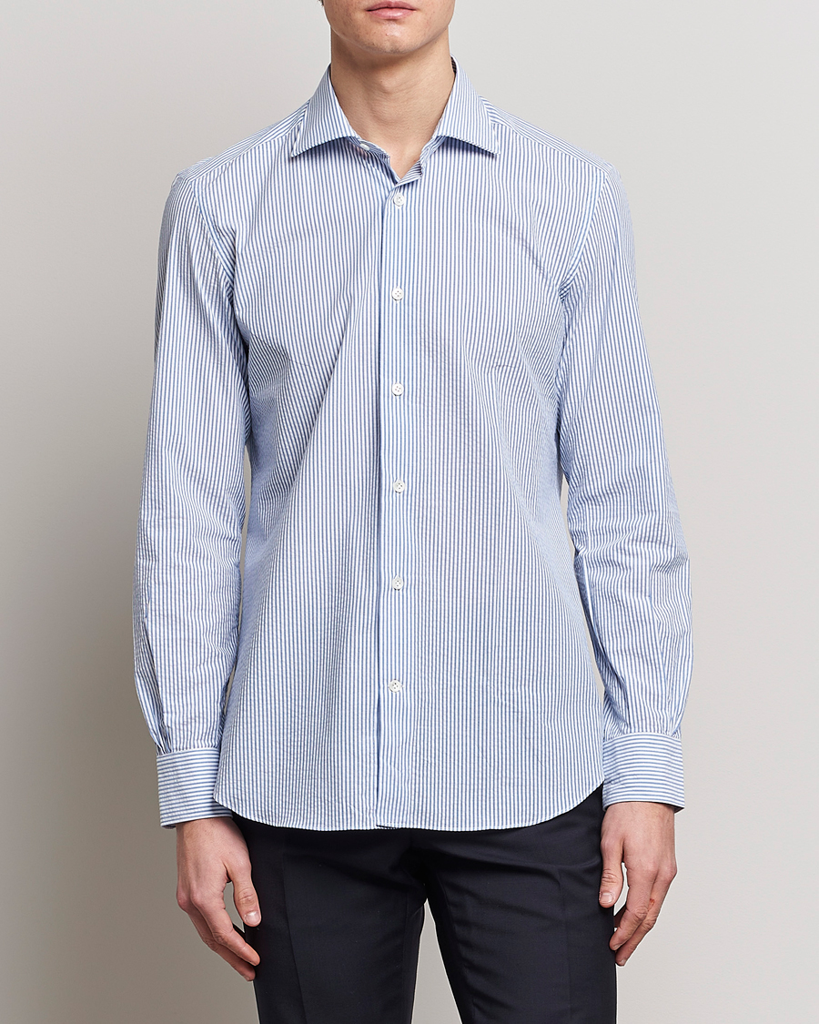 Herren | Hemden | Mazzarelli | Soft Seersucker Shirt Light Blue Stripe