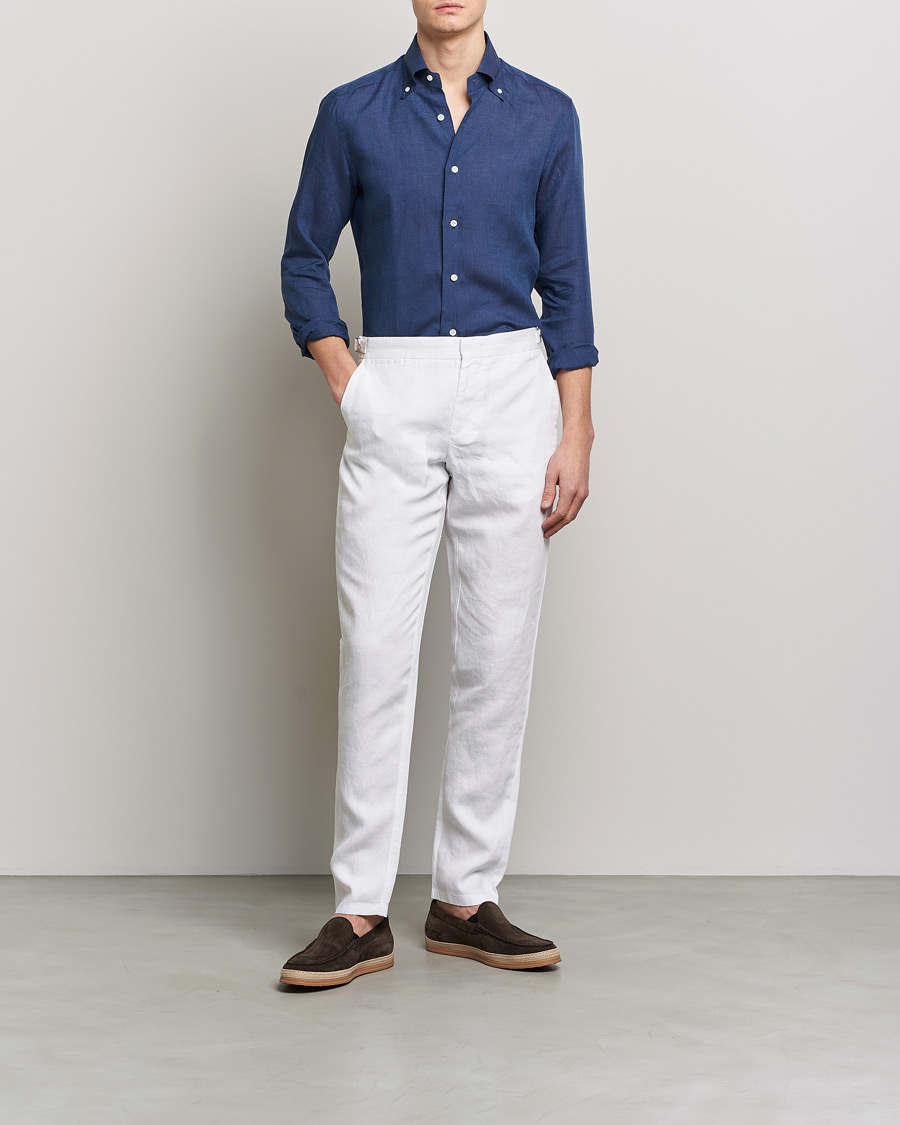 Herren | Hemden | Mazzarelli | Soft Linen Button Down Shirt Navy
