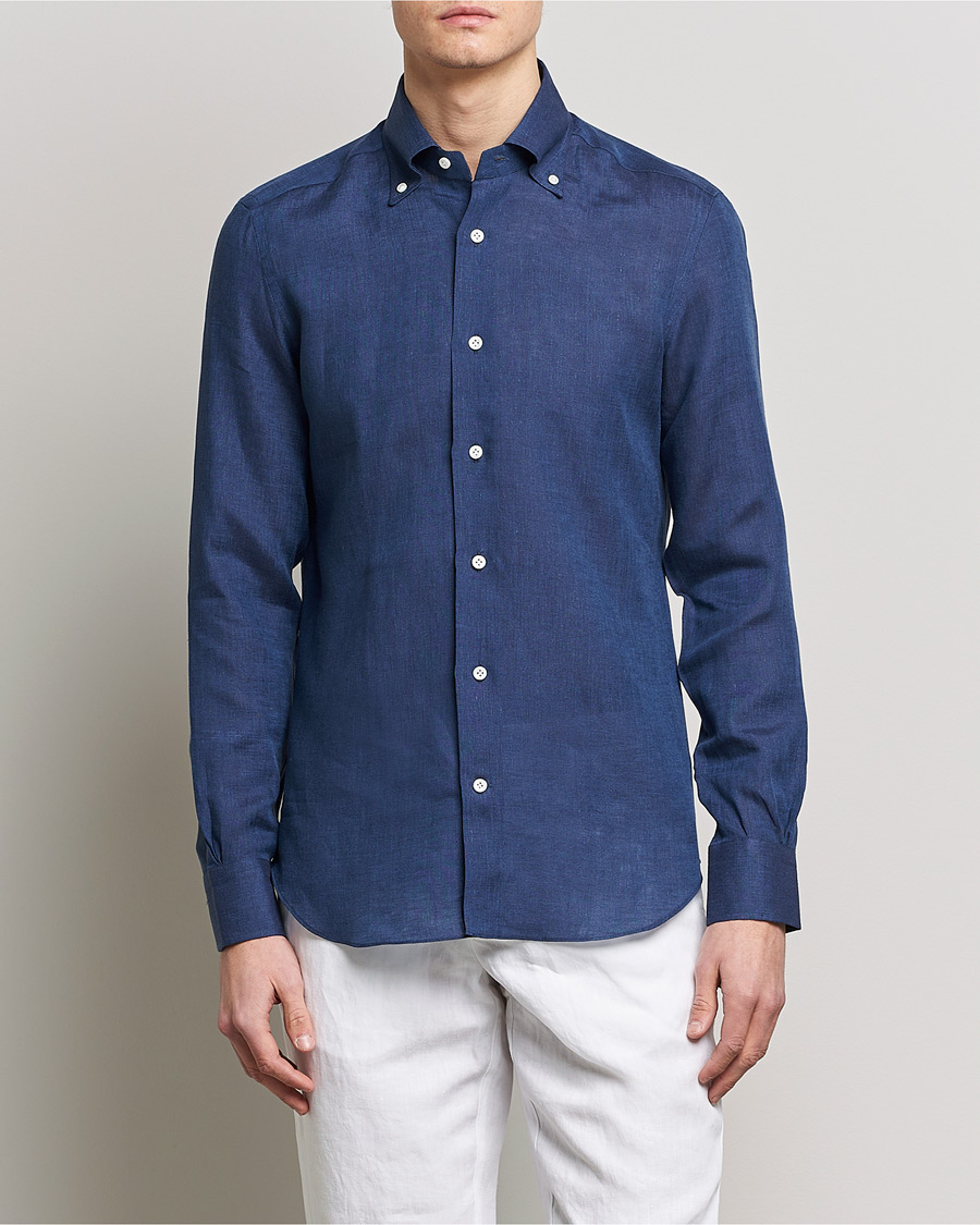 Herren | Hemden | Mazzarelli | Soft Linen Button Down Shirt Navy