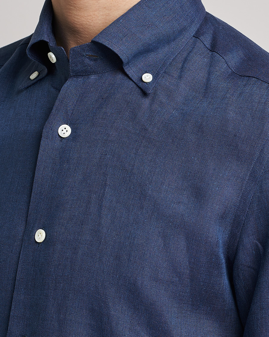 Herren | Hemden | Mazzarelli | Soft Linen Button Down Shirt Navy