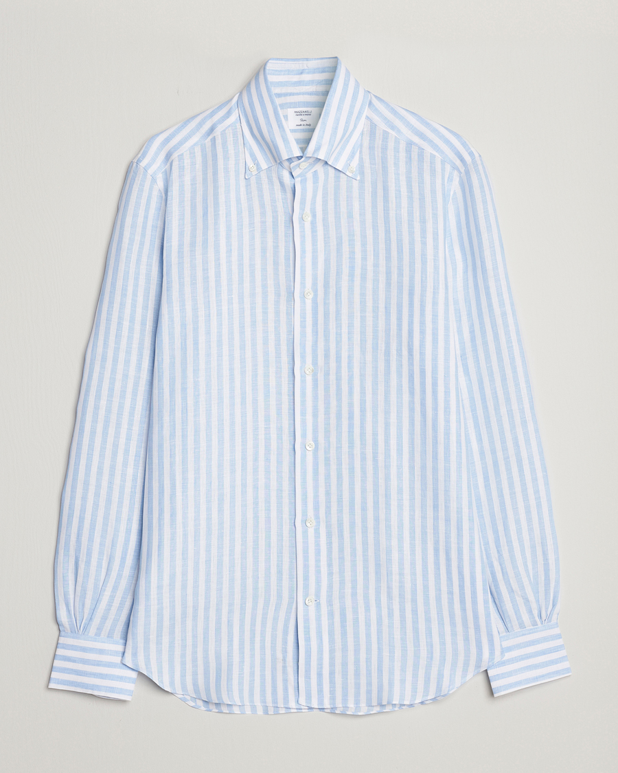 Herren | Hemden | Mazzarelli | Soft Linen Button Down Shirt Light Blue Stripe