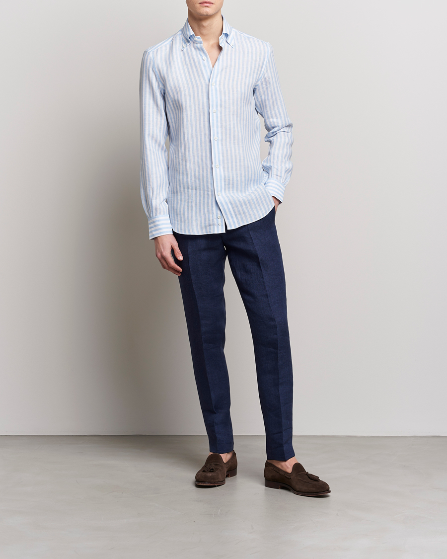 Herren | Hemden | Mazzarelli | Soft Linen Button Down Shirt Light Blue Stripe