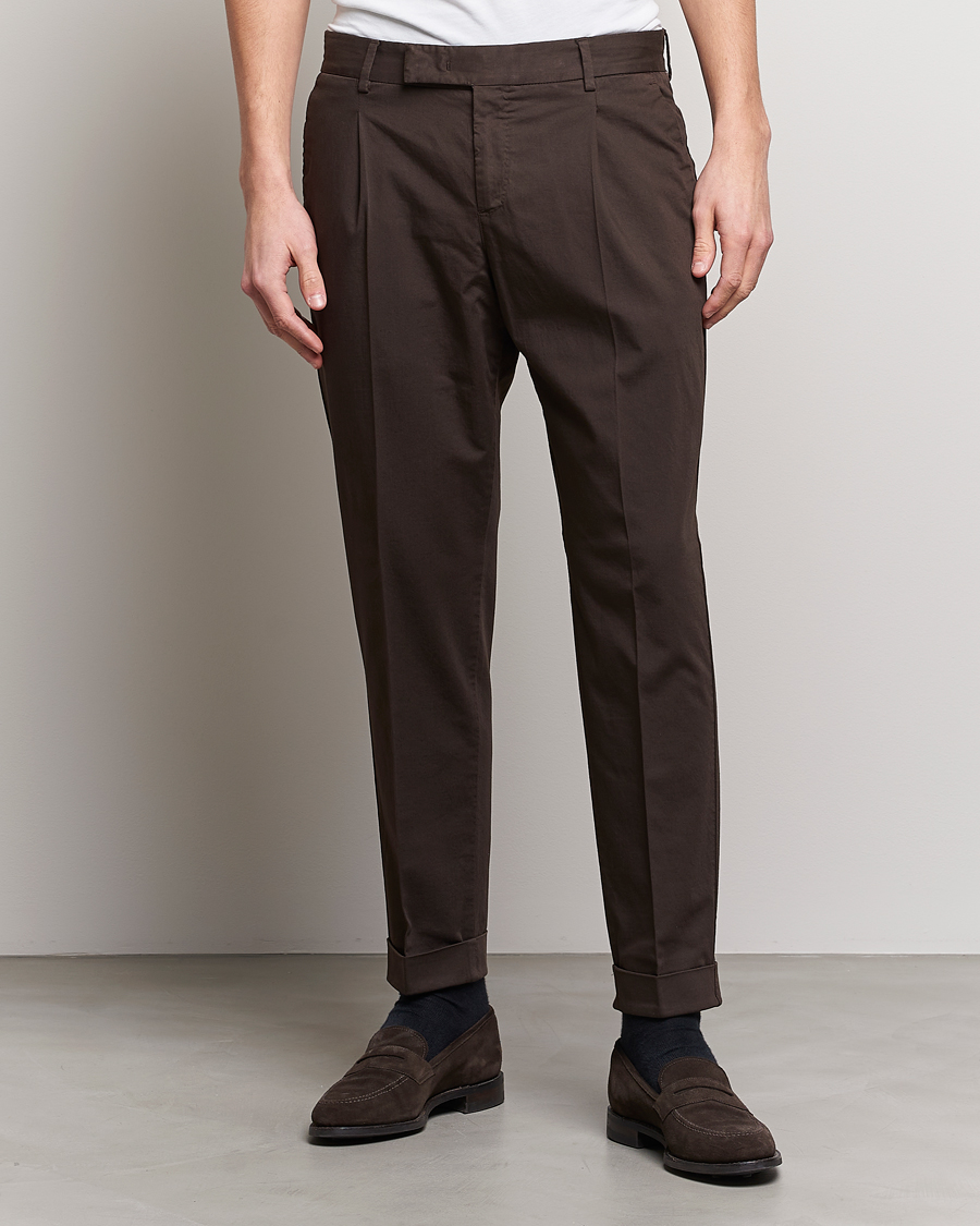 Herren | Hosen | PT01 | Slim Fit Pleated Linen Blend Trousers Chocolate