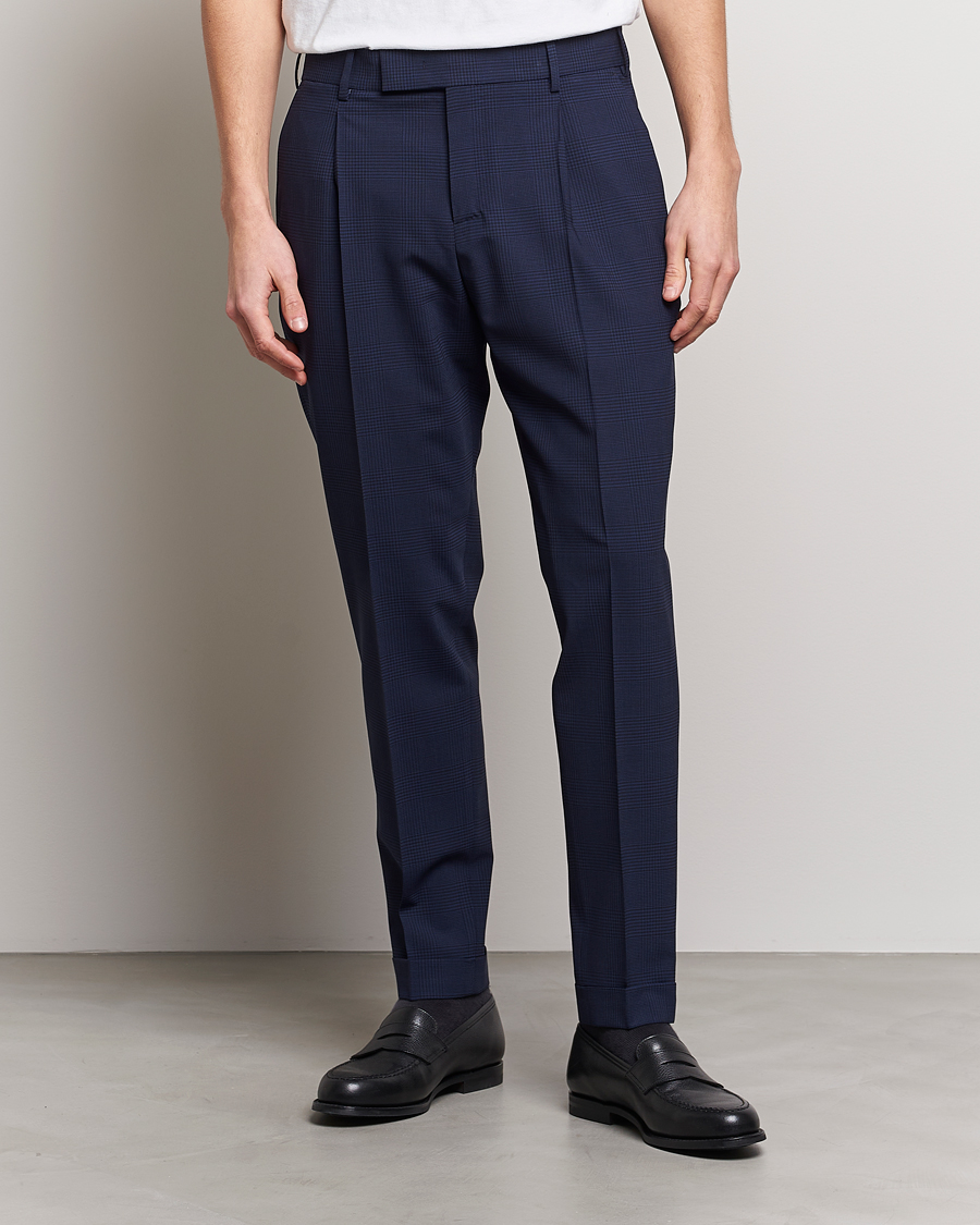 Herren | Hosen | PT01 | Slim Fit Pleated Glencheck Wool Trousers Navy