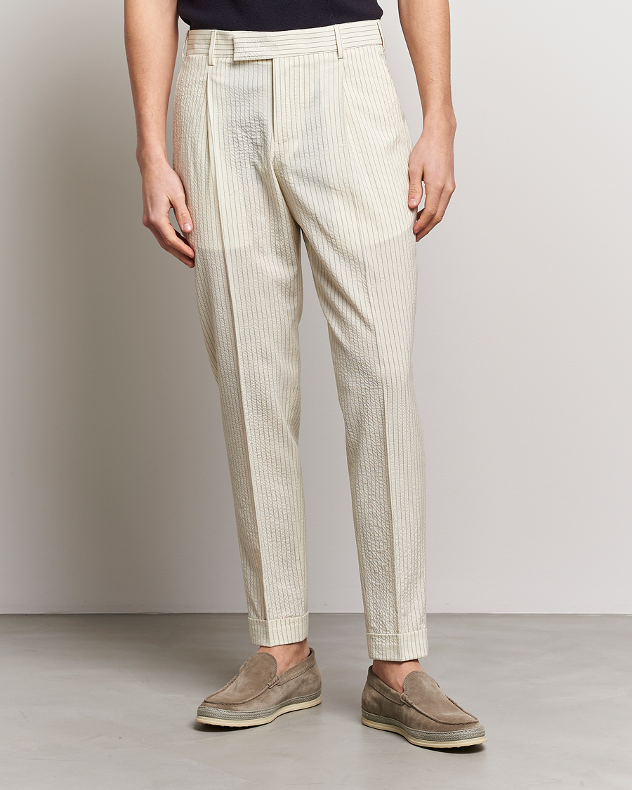 Herren | Hosen | PT01 | Slim Fit Pleated Wool Seersucker Trousers Off White