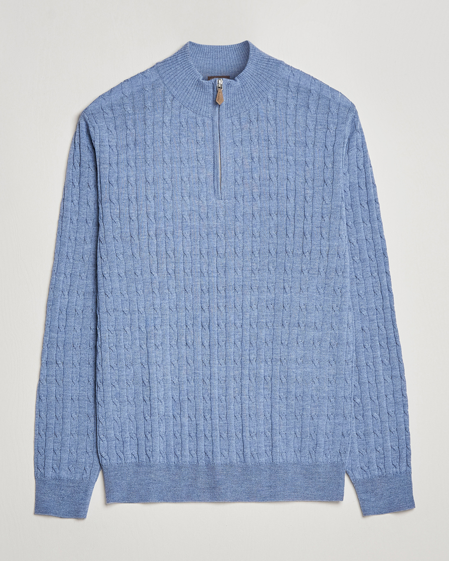 Herren | Pullover | Stenströms | Merino Cable Half Zip Light Blue