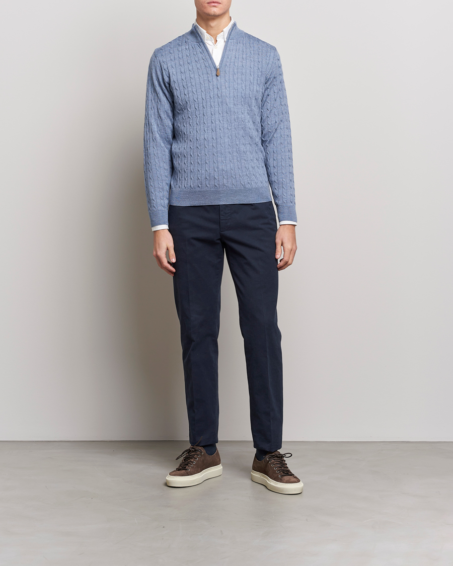 Herren | Pullover | Stenströms | Merino Cable Half Zip Light Blue
