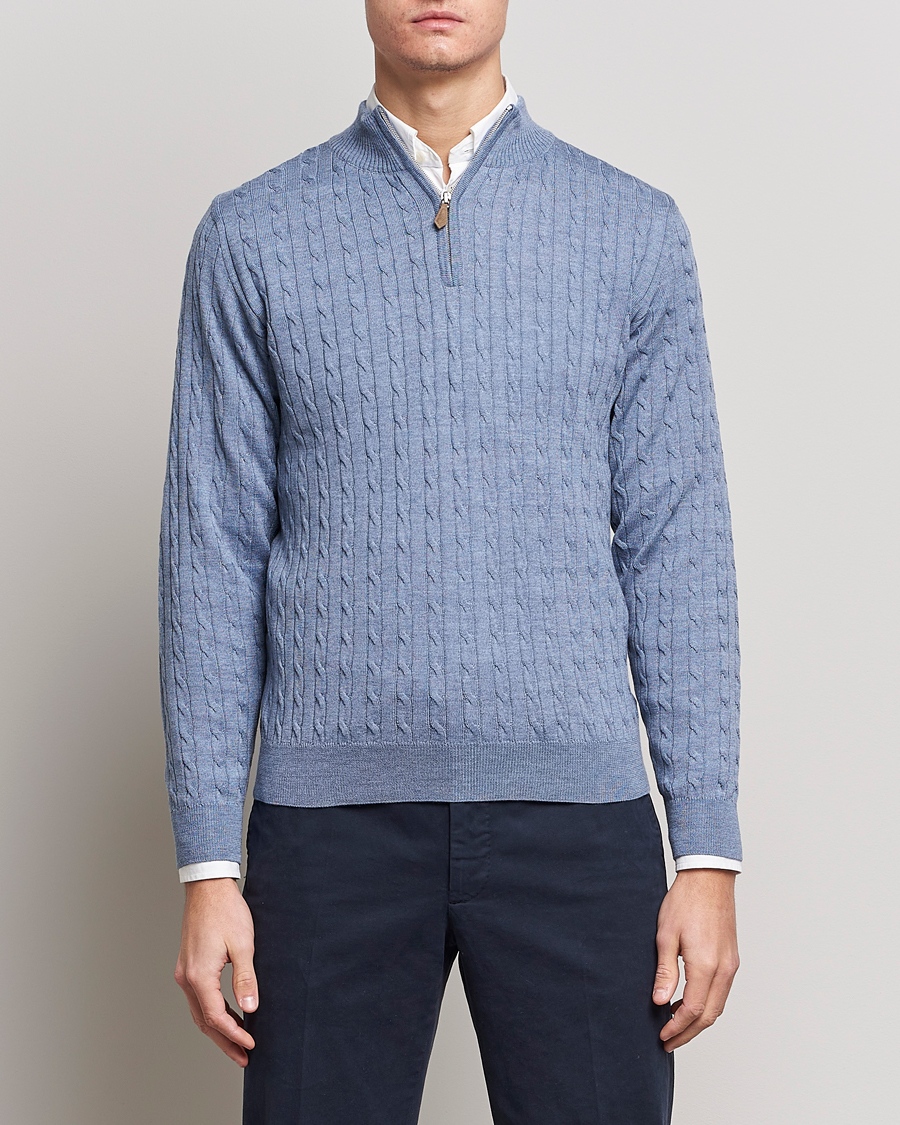 Herren | Pullover | Stenströms | Merino Cable Half Zip Light Blue