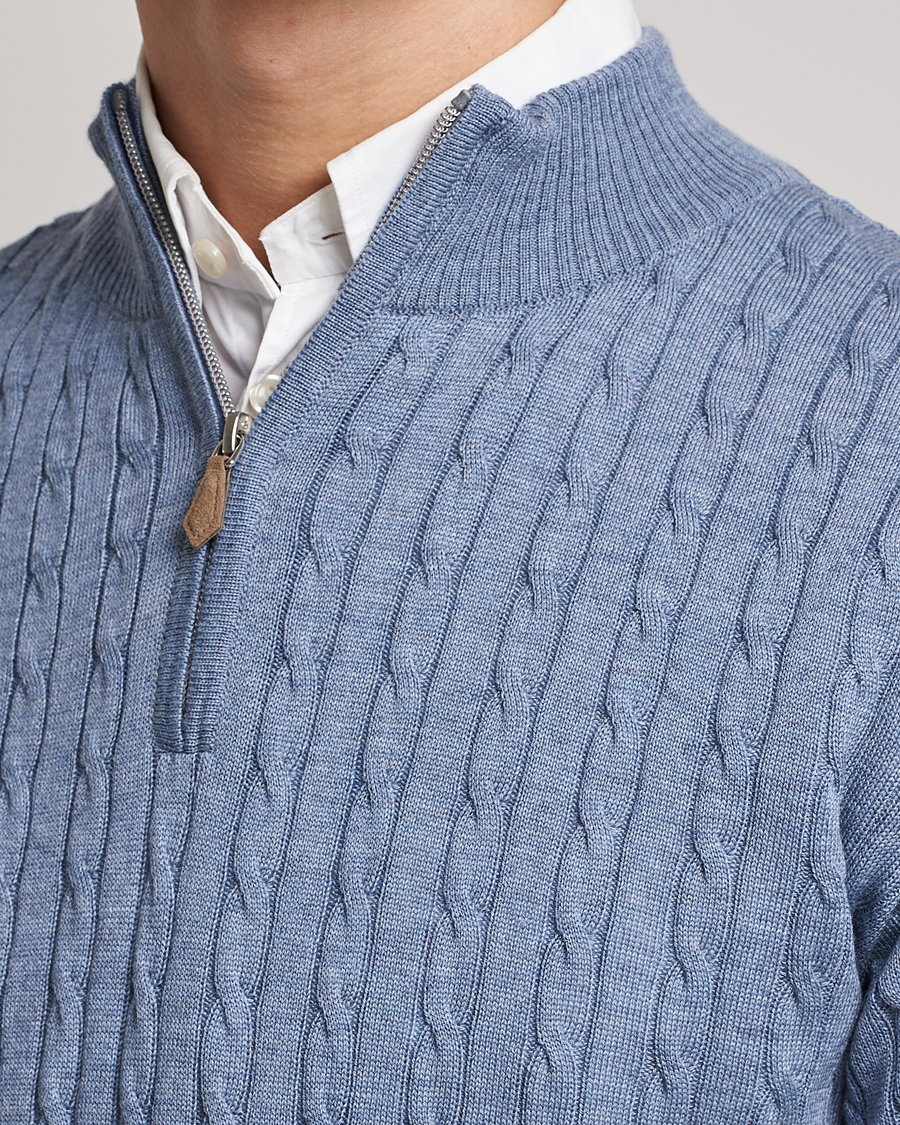 Herren | Pullover | Stenströms | Merino Cable Half Zip Light Blue
